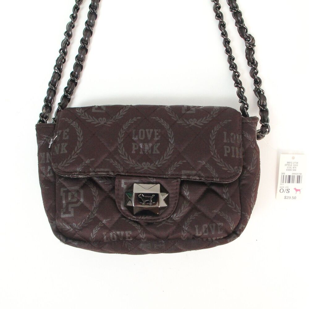 Y2K LOVE PINK Victoria Secret Brown Quilted Crossbody Adjustable Chain Bag, NWT